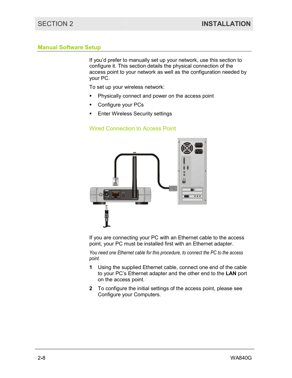 Manual software setup, Wired connection to access point | Motorola WA840G User Manual | Page 25 / 77