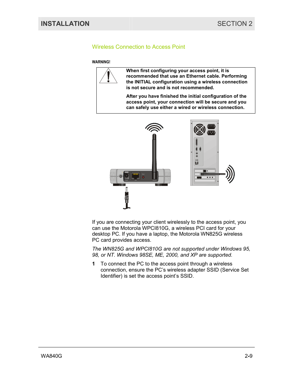 Wireless connection to access point | Motorola WA840G User Manual | Page 26 / 77