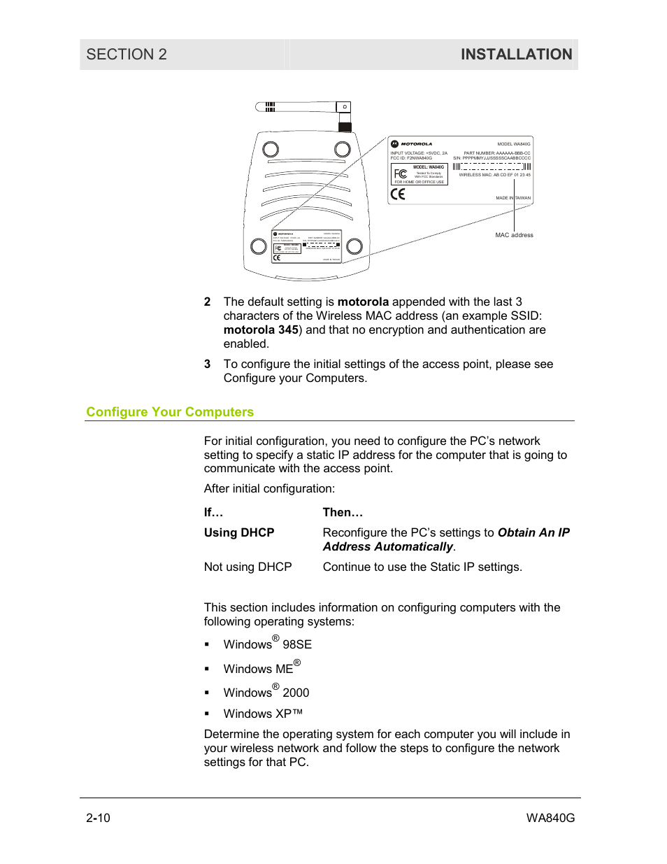 Configure your computers, 98se ! windows me, Windows | Motorola WA840G User Manual | Page 27 / 77