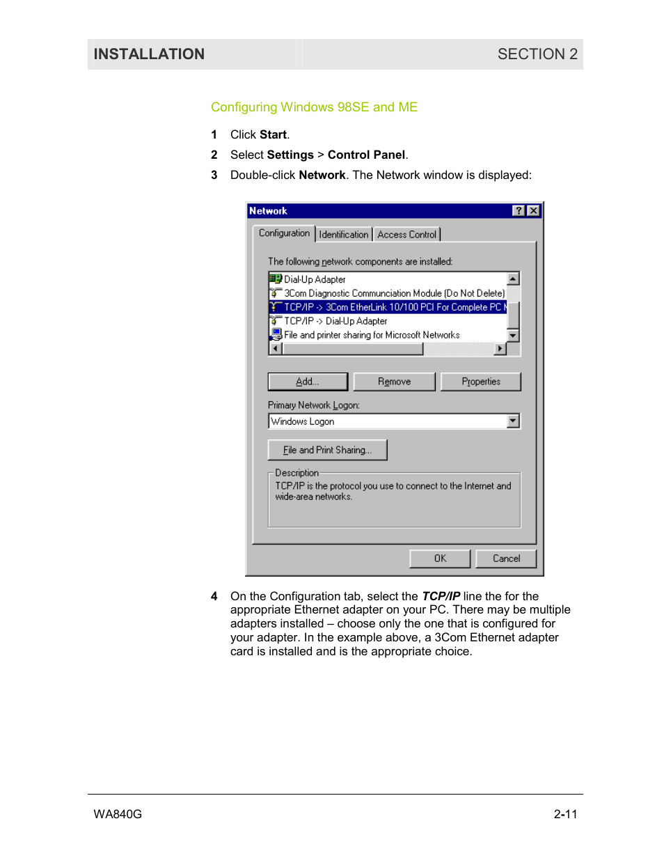 Configuring windows 98se and me | Motorola WA840G User Manual | Page 28 / 77