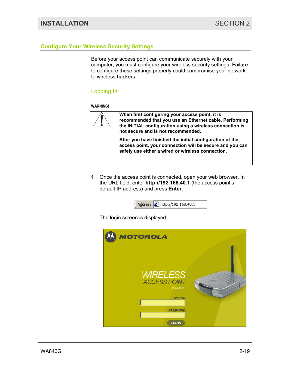 Configure your wireless security settings, Logging in | Motorola WA840G User Manual | Page 36 / 77