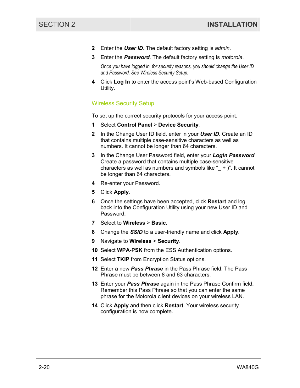 Wireless security setup | Motorola WA840G User Manual | Page 37 / 77