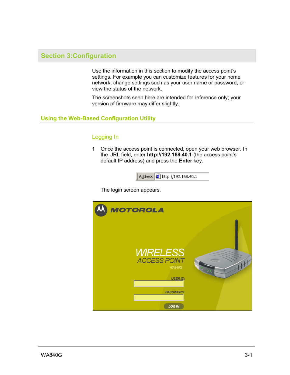 Section 3:configuration, Using the web-based configuration utility, Logging in | Motorola WA840G User Manual | Page 38 / 77