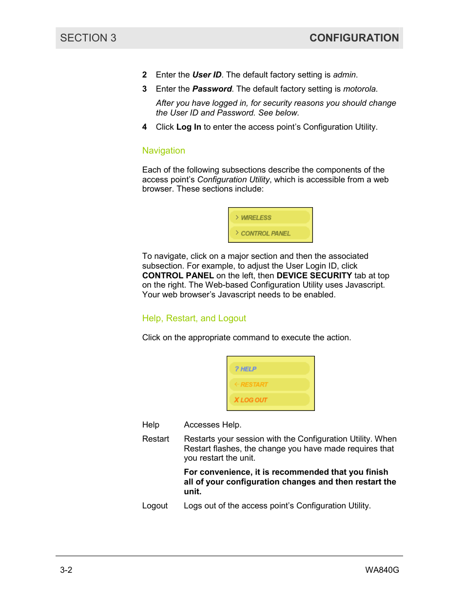 Navigation, Help, restart, and logout | Motorola WA840G User Manual | Page 39 / 77