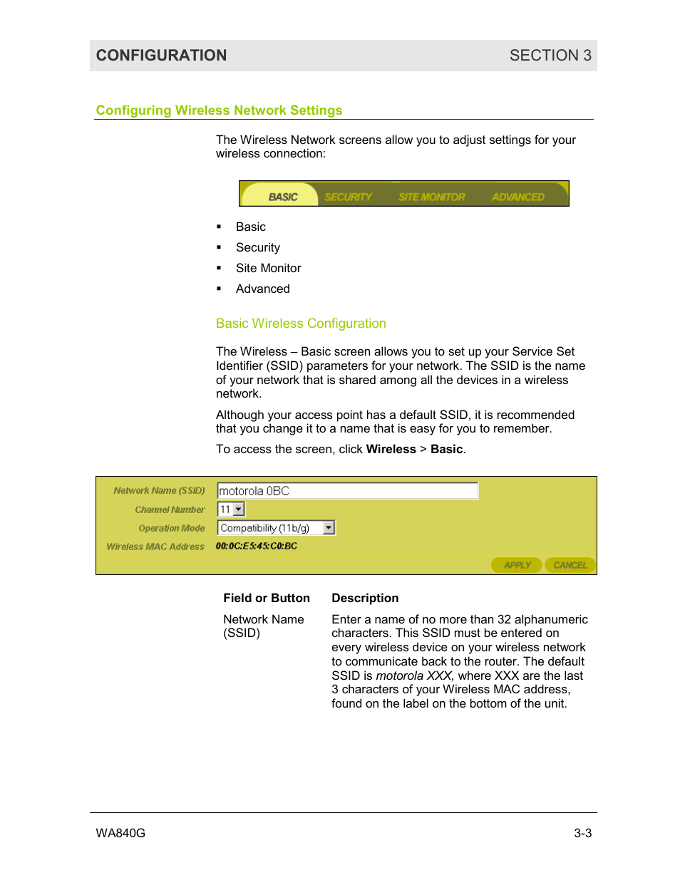 Configuring wireless network settings, Basic wireless configuration | Motorola WA840G User Manual | Page 40 / 77