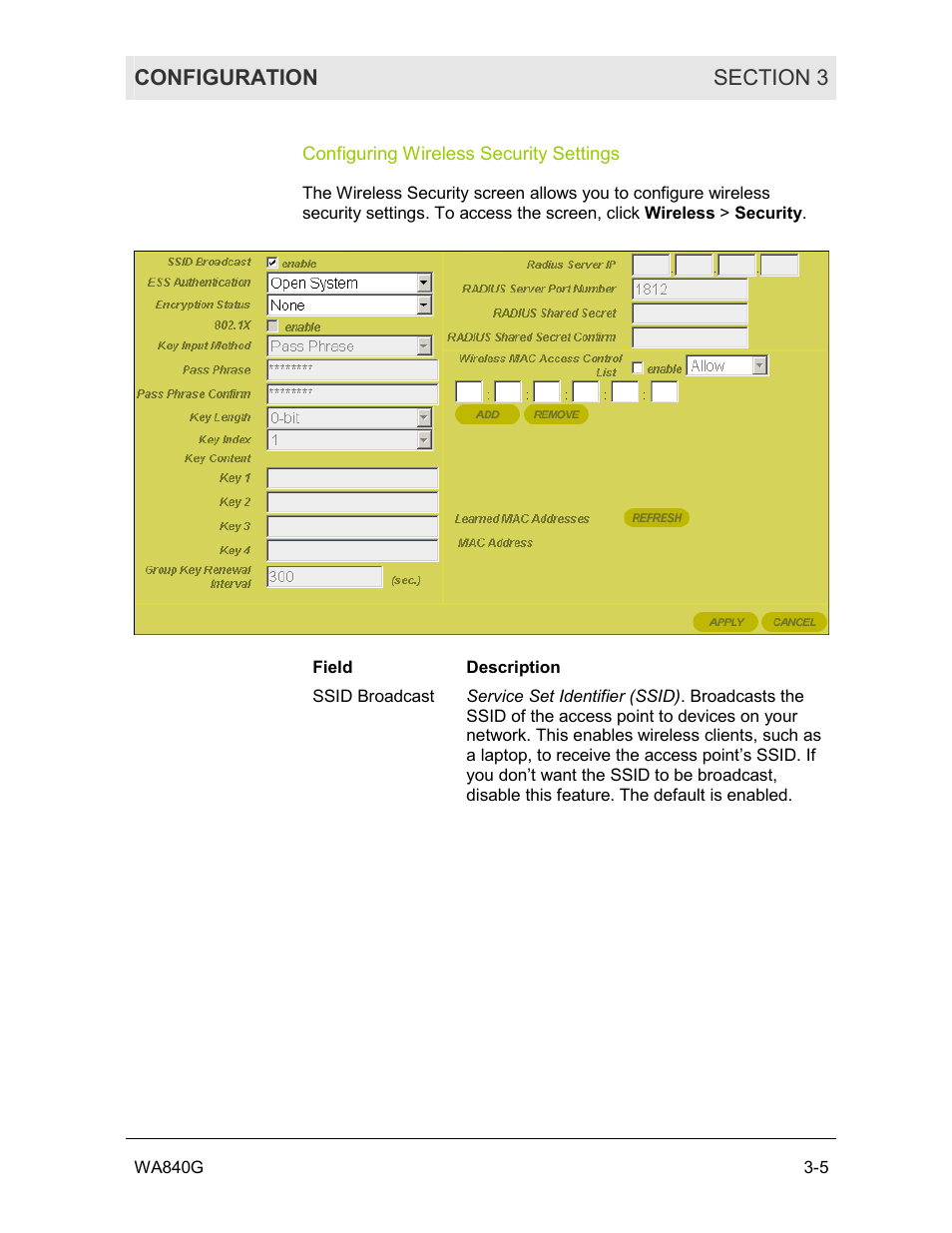 Configuring wireless security settings | Motorola WA840G User Manual | Page 42 / 77