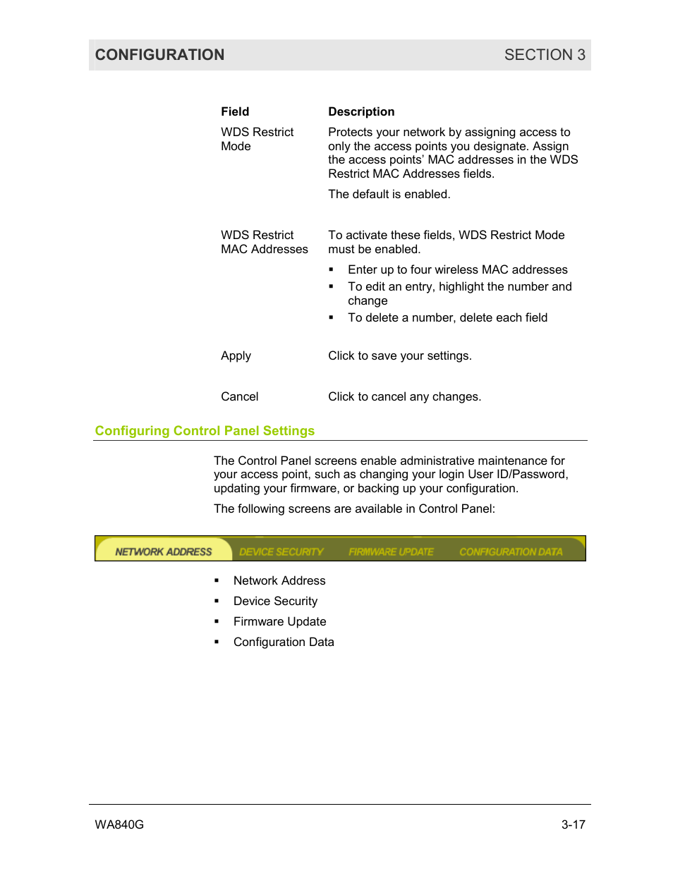 Configuring control panel settings | Motorola WA840G User Manual | Page 54 / 77