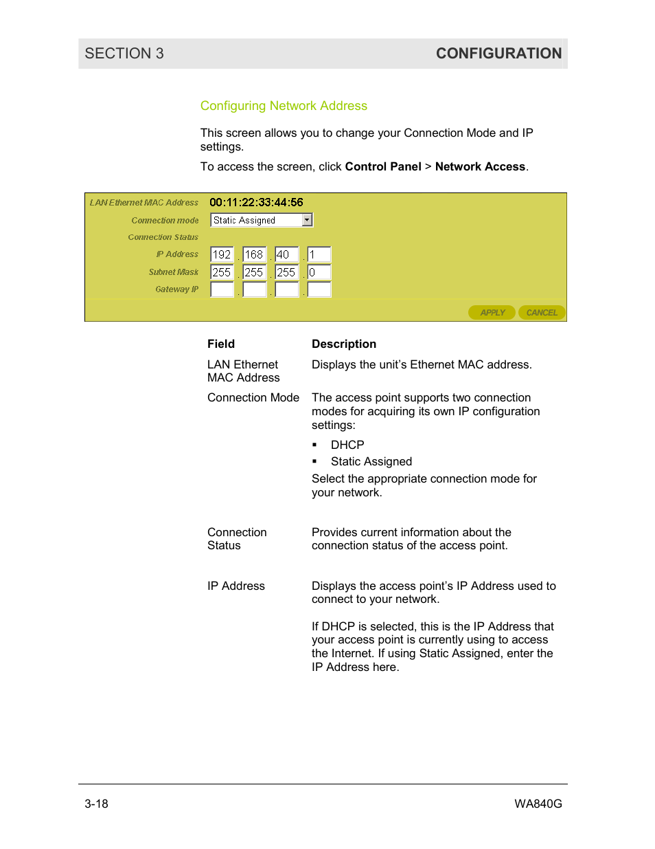 Configuring network address | Motorola WA840G User Manual | Page 55 / 77