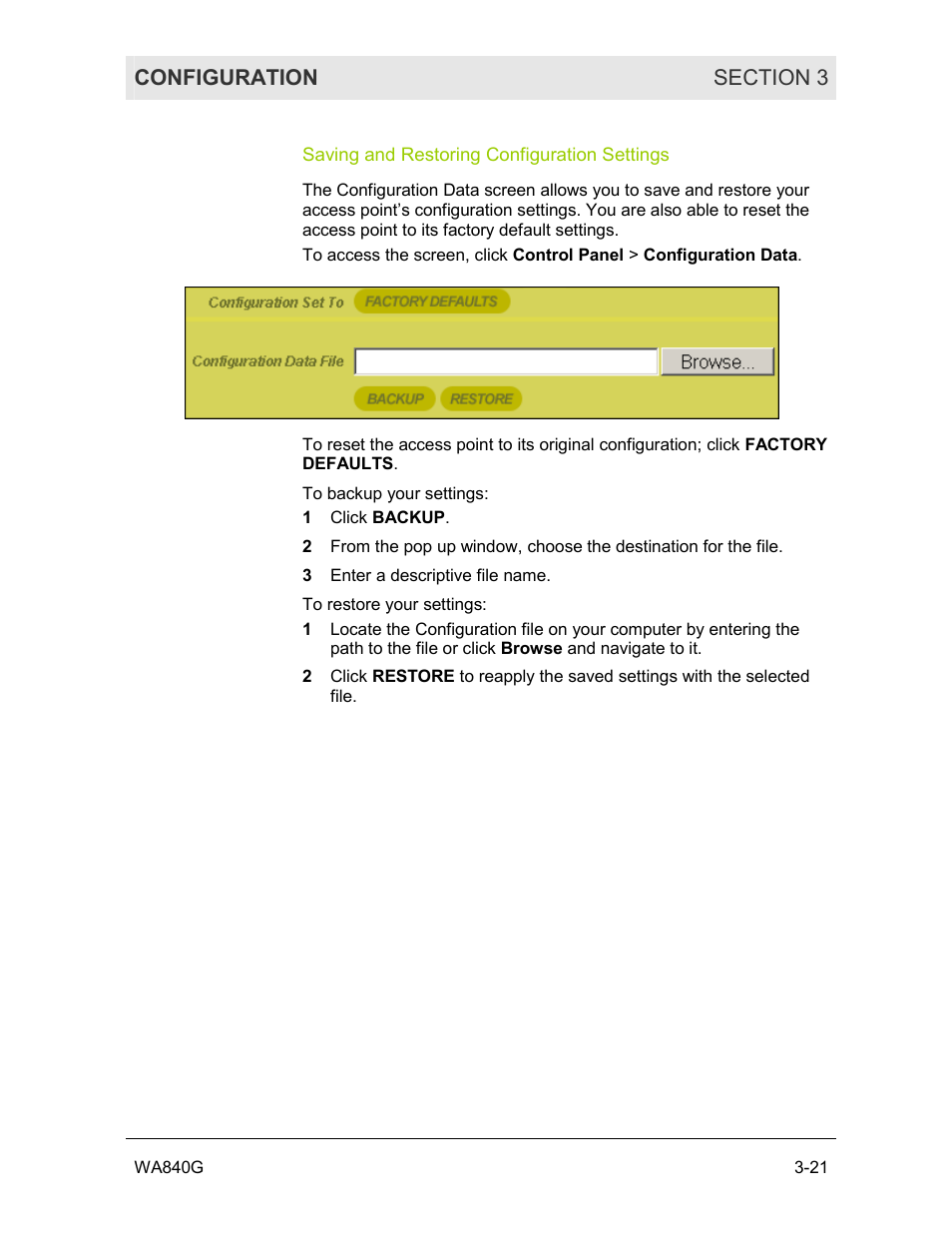 Saving and restoring configuration settings | Motorola WA840G User Manual | Page 58 / 77