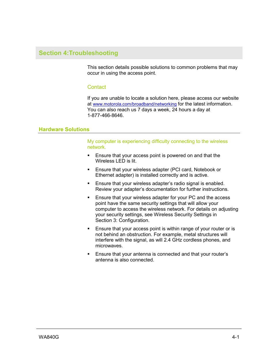 Section 4:troubleshooting, Contact, Hardware solutions | Motorola WA840G User Manual | Page 59 / 77