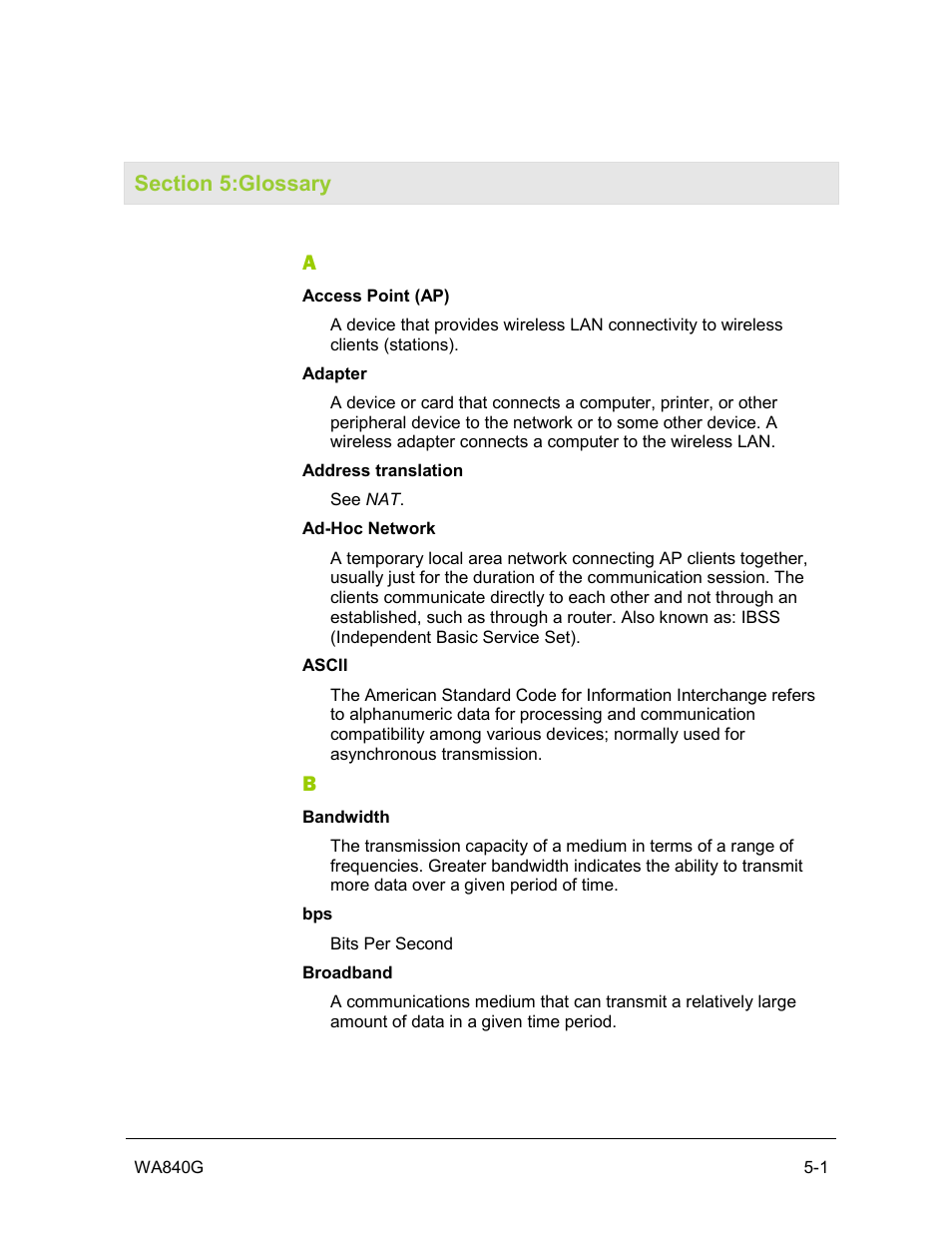 Section 5:glossary | Motorola WA840G User Manual | Page 65 / 77