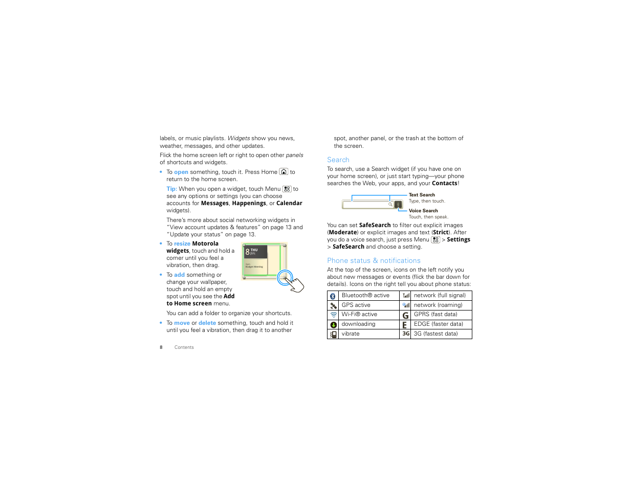 Search, Phone status & notifications | Motorola CHARM MB502 User Manual | Page 10 / 62