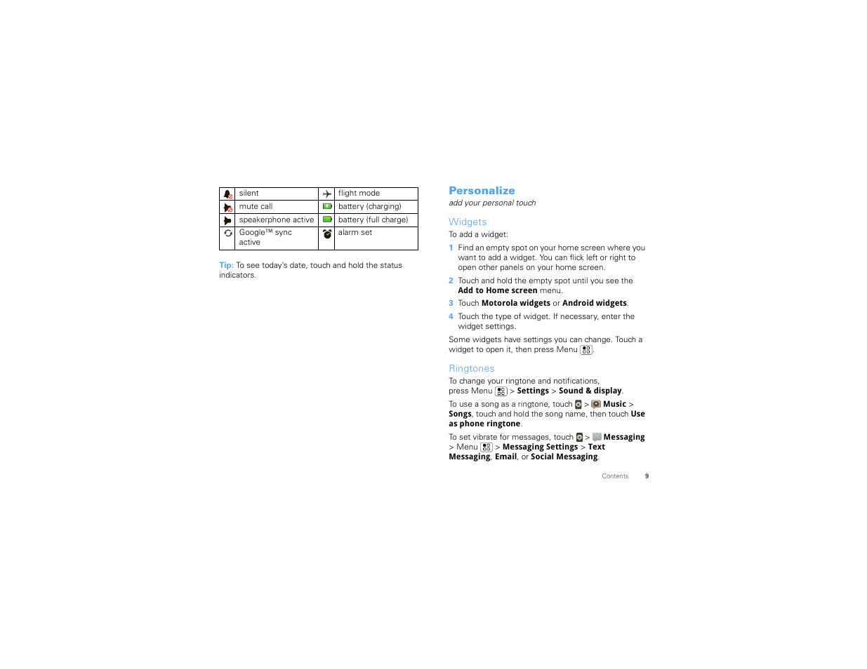 Personalize, Widgets, Ringtones | Motorola CHARM MB502 User Manual | Page 11 / 62