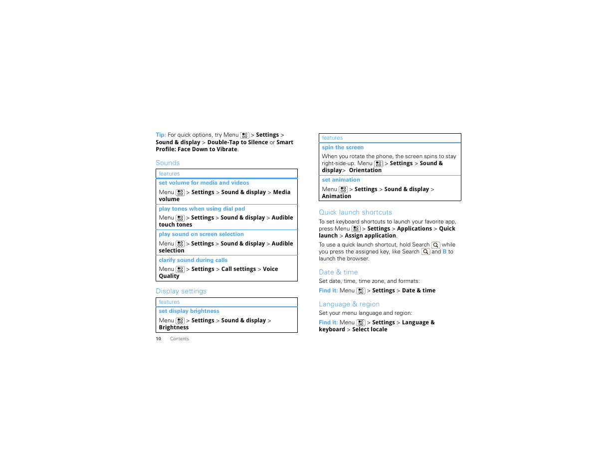 Sounds, Display settings, Quick launch shortcuts | Date & time, Language & region | Motorola CHARM MB502 User Manual | Page 12 / 62