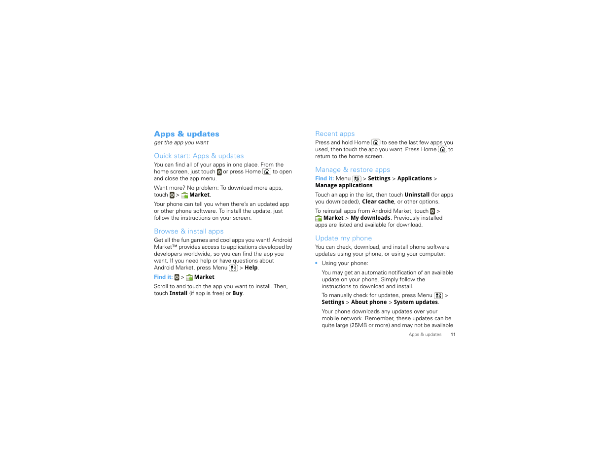 Apps & updates, Quick start: apps & updates, Browse & install apps | Recent apps, Manage & restore apps, Update my phone | Motorola CHARM MB502 User Manual | Page 13 / 62