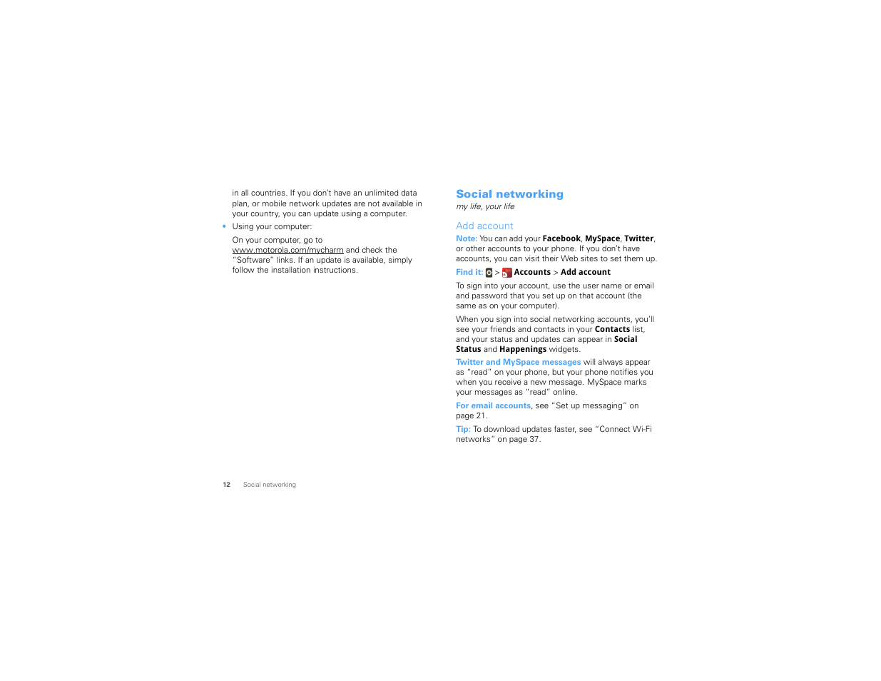 Social networking, Add account | Motorola CHARM MB502 User Manual | Page 14 / 62