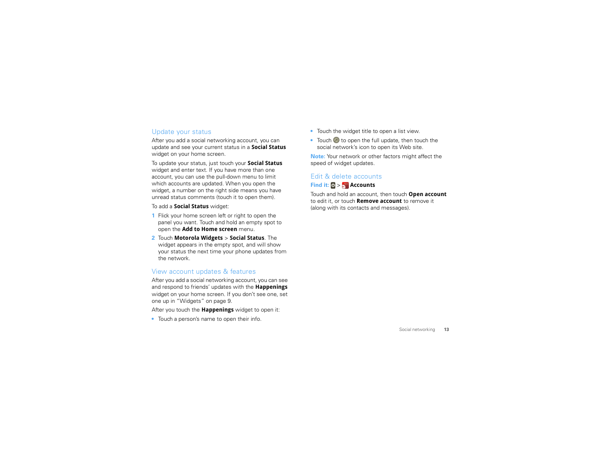 Update your status, View account updates & features, Edit & delete accounts | Motorola CHARM MB502 User Manual | Page 15 / 62