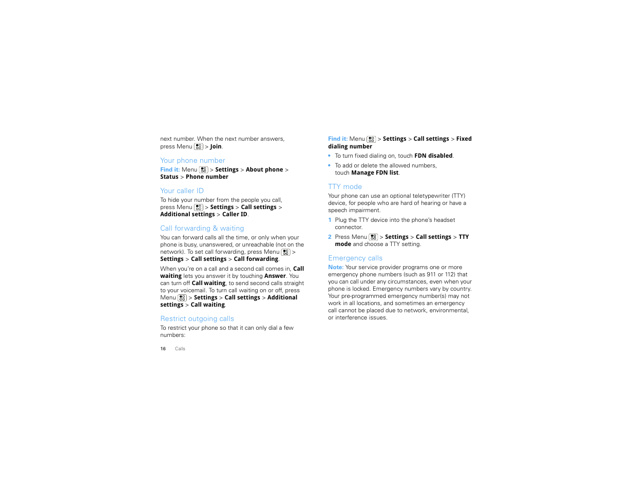 Your phone number, Your caller id, Call forwarding & waiting | Restrict outgoing calls, Tty mode, Emergency calls | Motorola CHARM MB502 User Manual | Page 18 / 62