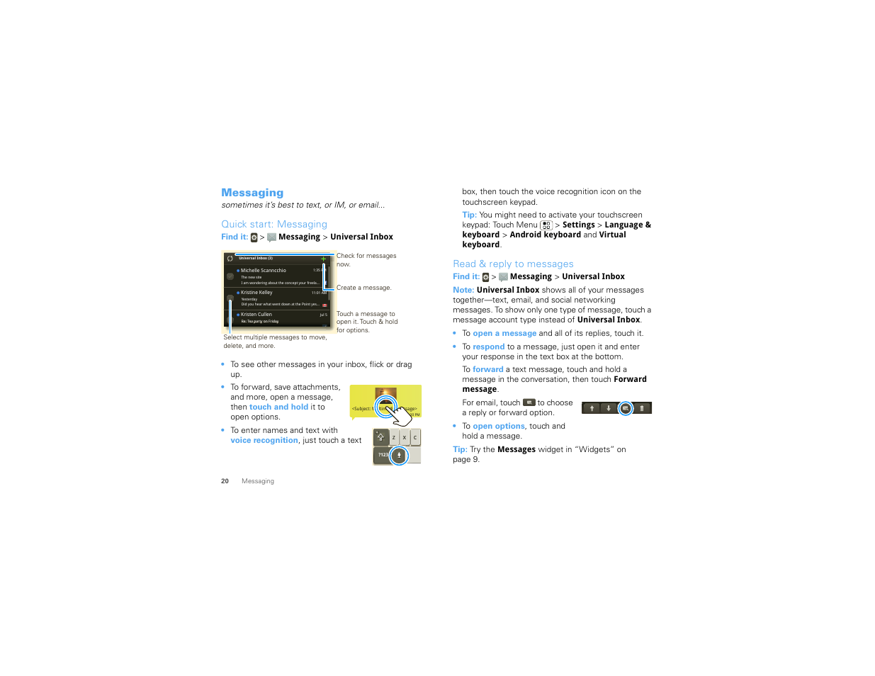 Messaging, Quick start: messaging, Read & reply to messages | Motorola CHARM MB502 User Manual | Page 22 / 62