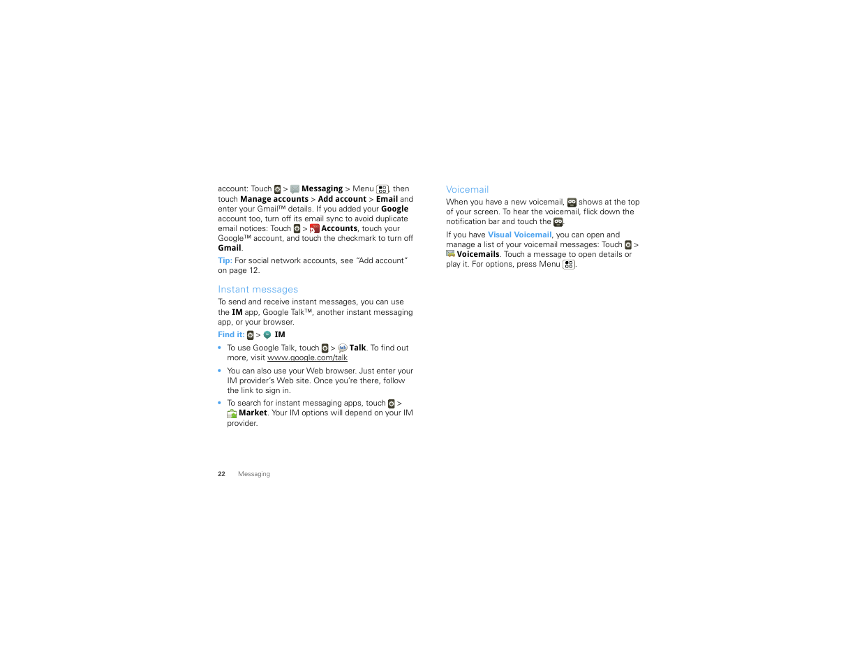 Instant messages, Voicemail | Motorola CHARM MB502 User Manual | Page 24 / 62