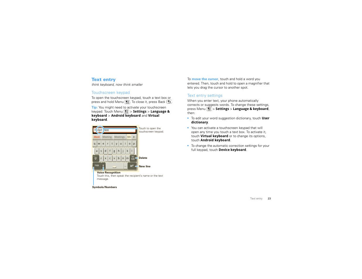 Text entry, Touchscreen keypad, Text entry settings | Motorola CHARM MB502 User Manual | Page 25 / 62