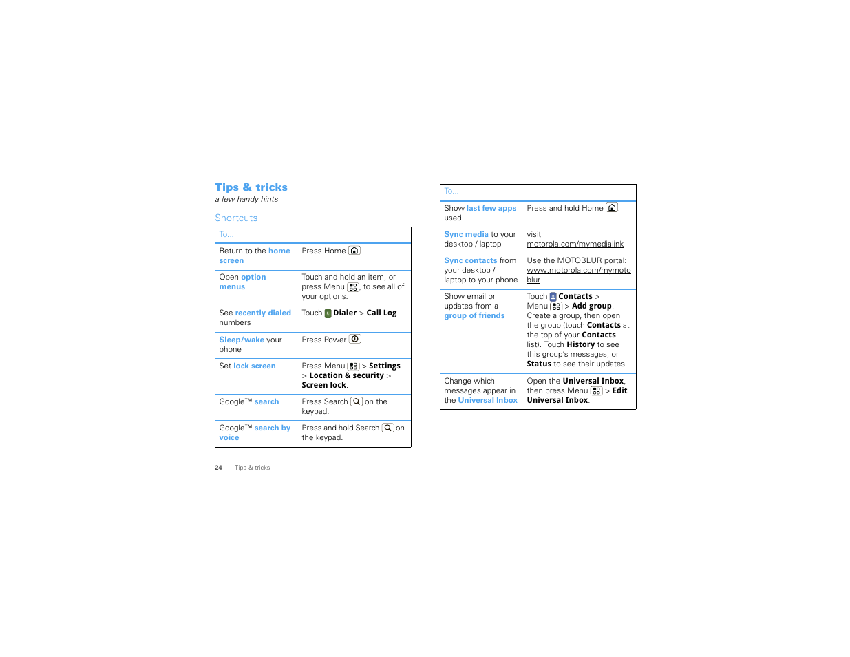 Tips & tricks, Shortcuts | Motorola CHARM MB502 User Manual | Page 26 / 62