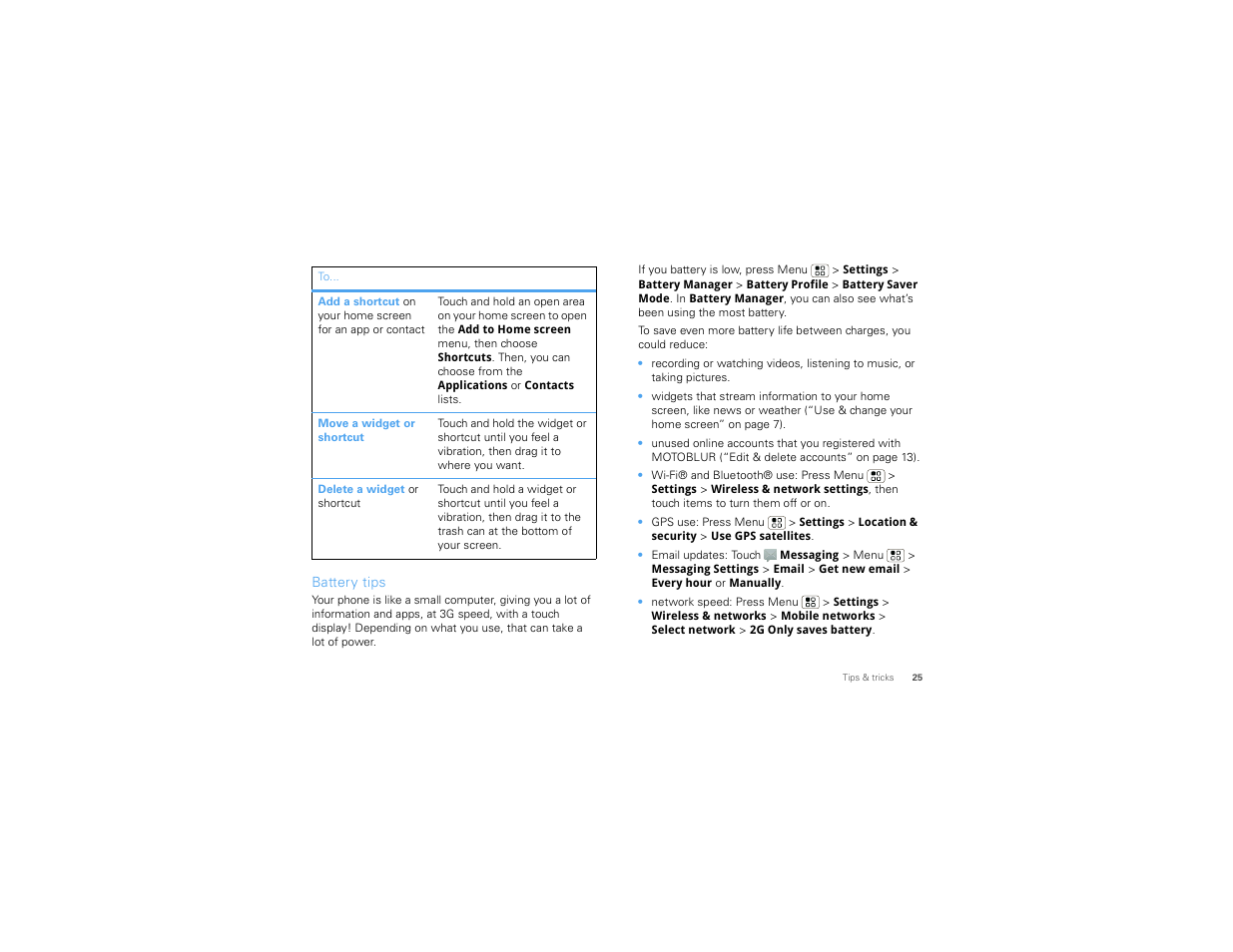 Battery tips | Motorola CHARM MB502 User Manual | Page 27 / 62