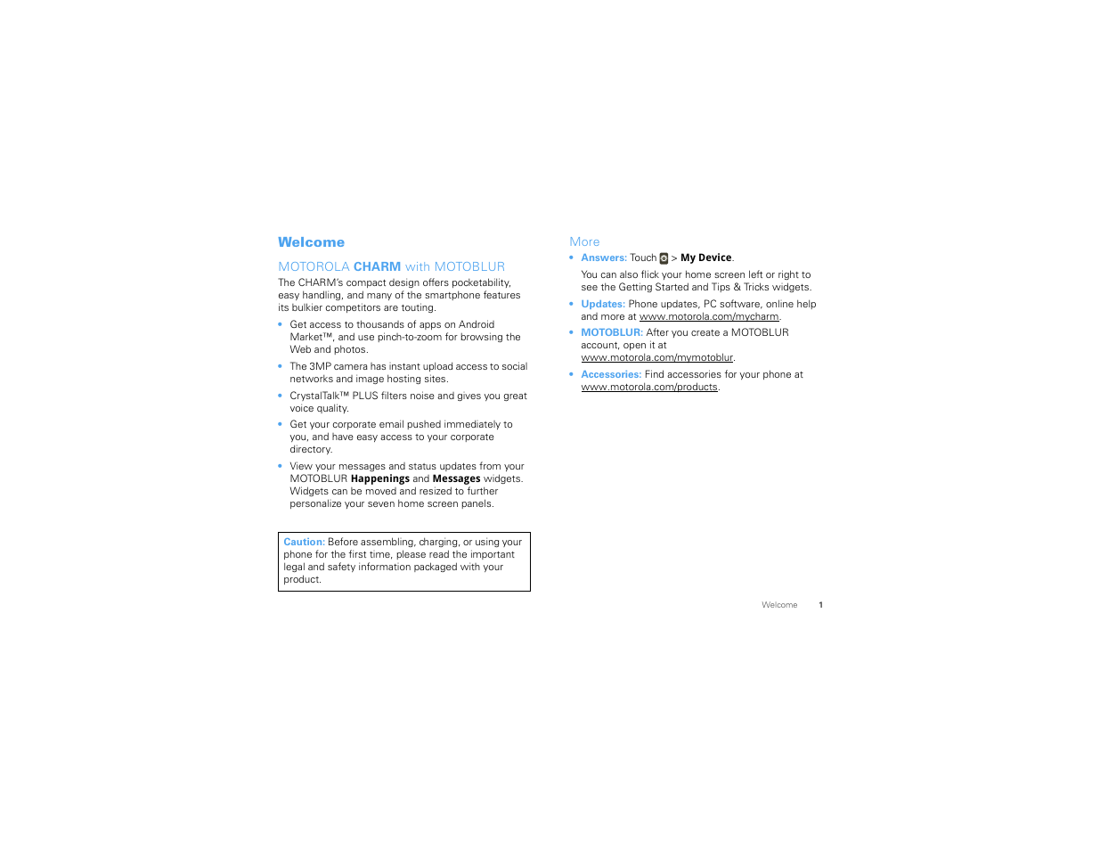 Welcome | Motorola CHARM MB502 User Manual | Page 3 / 62