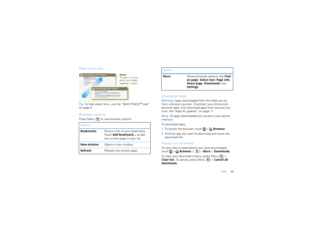 Web touch tips, Browser options, Download apps | Motorola CHARM MB502 User Manual | Page 35 / 62