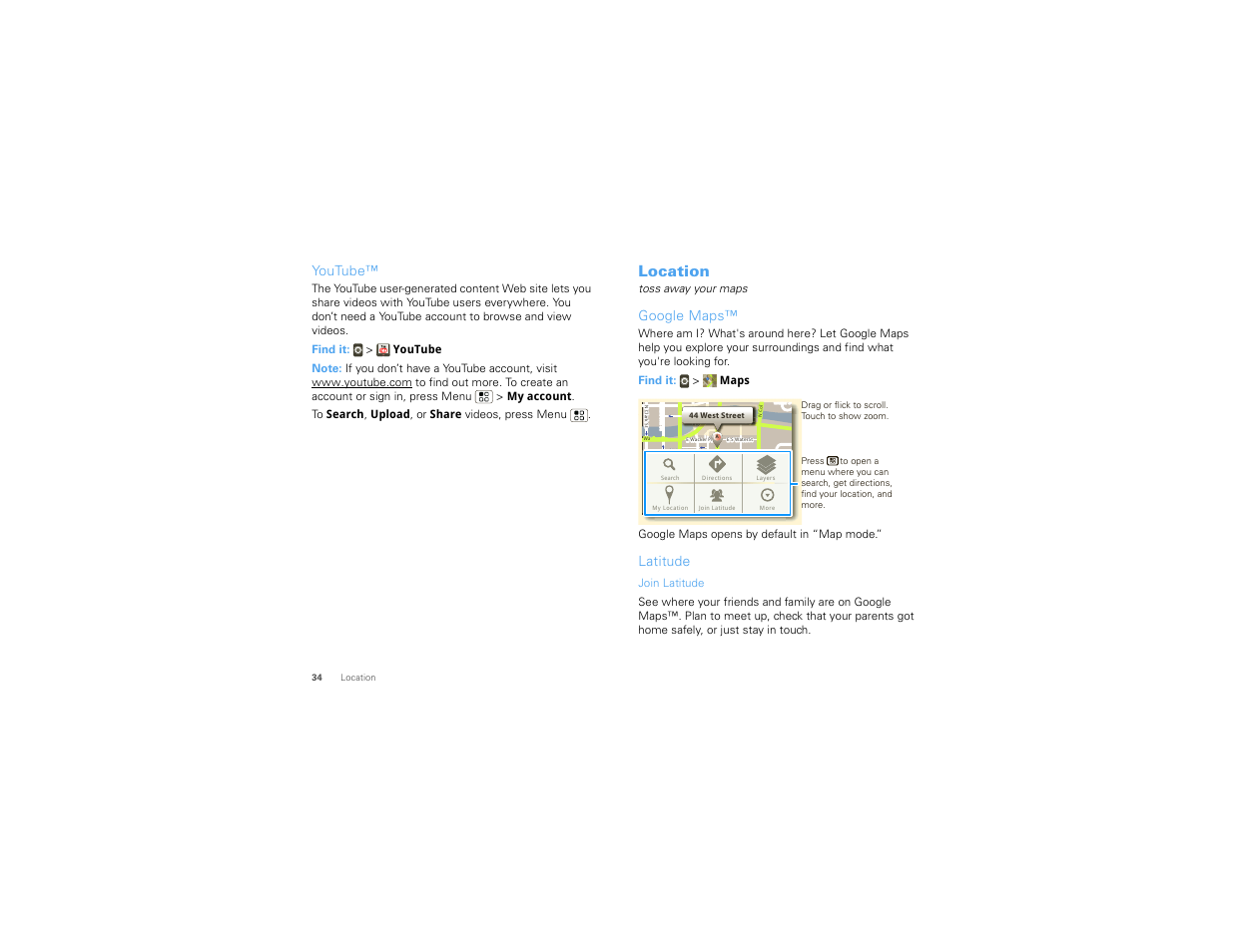 Youtube, Location, Google maps | Latitude | Motorola CHARM MB502 User Manual | Page 36 / 62