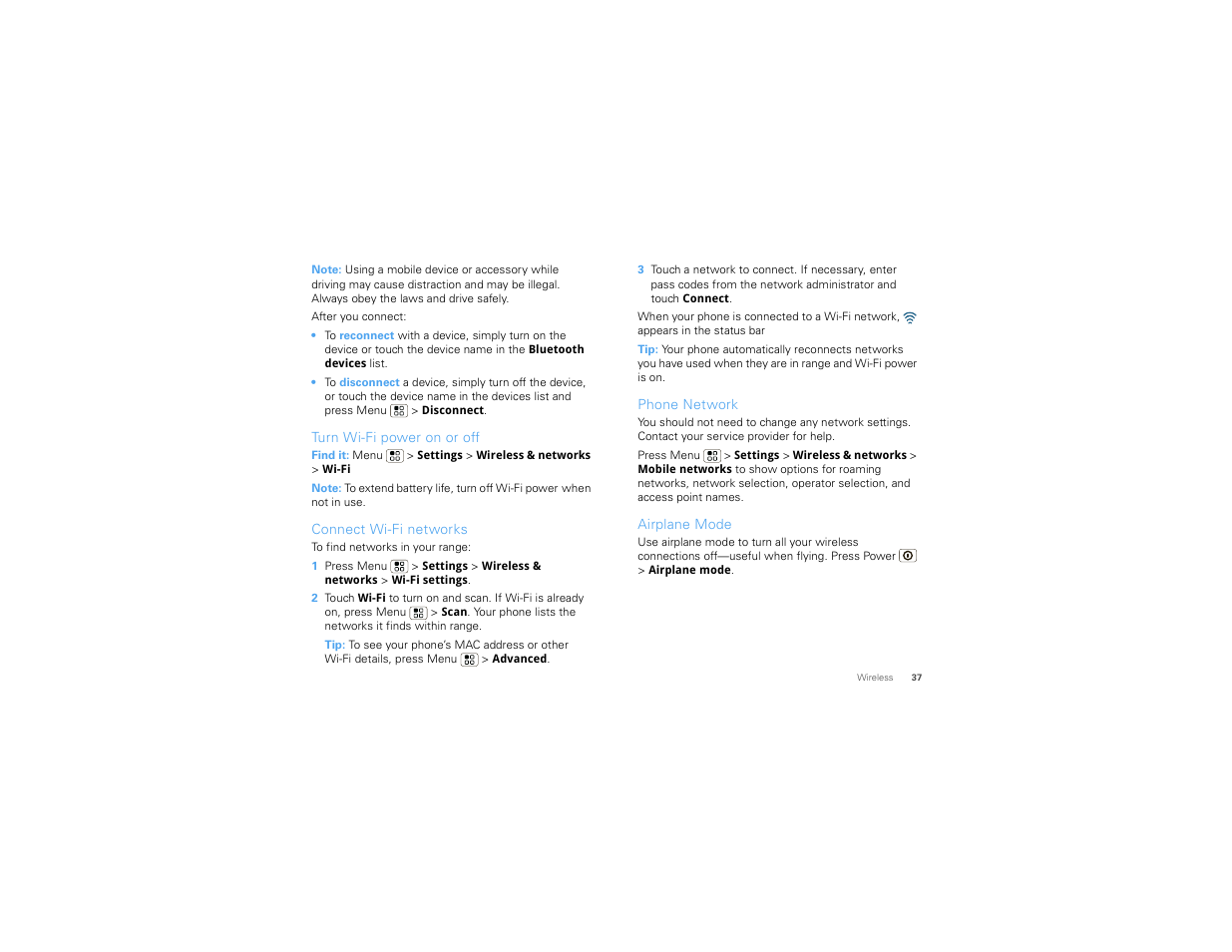 Turn wi-fi power on or off, Connect wi-fi networks, Phone network | Airplane mode | Motorola CHARM MB502 User Manual | Page 39 / 62