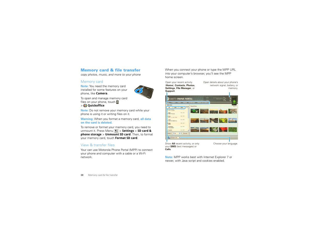 Memory card & file transfer, Memory card, View & transfer files | Motorola CHARM MB502 User Manual | Page 40 / 62