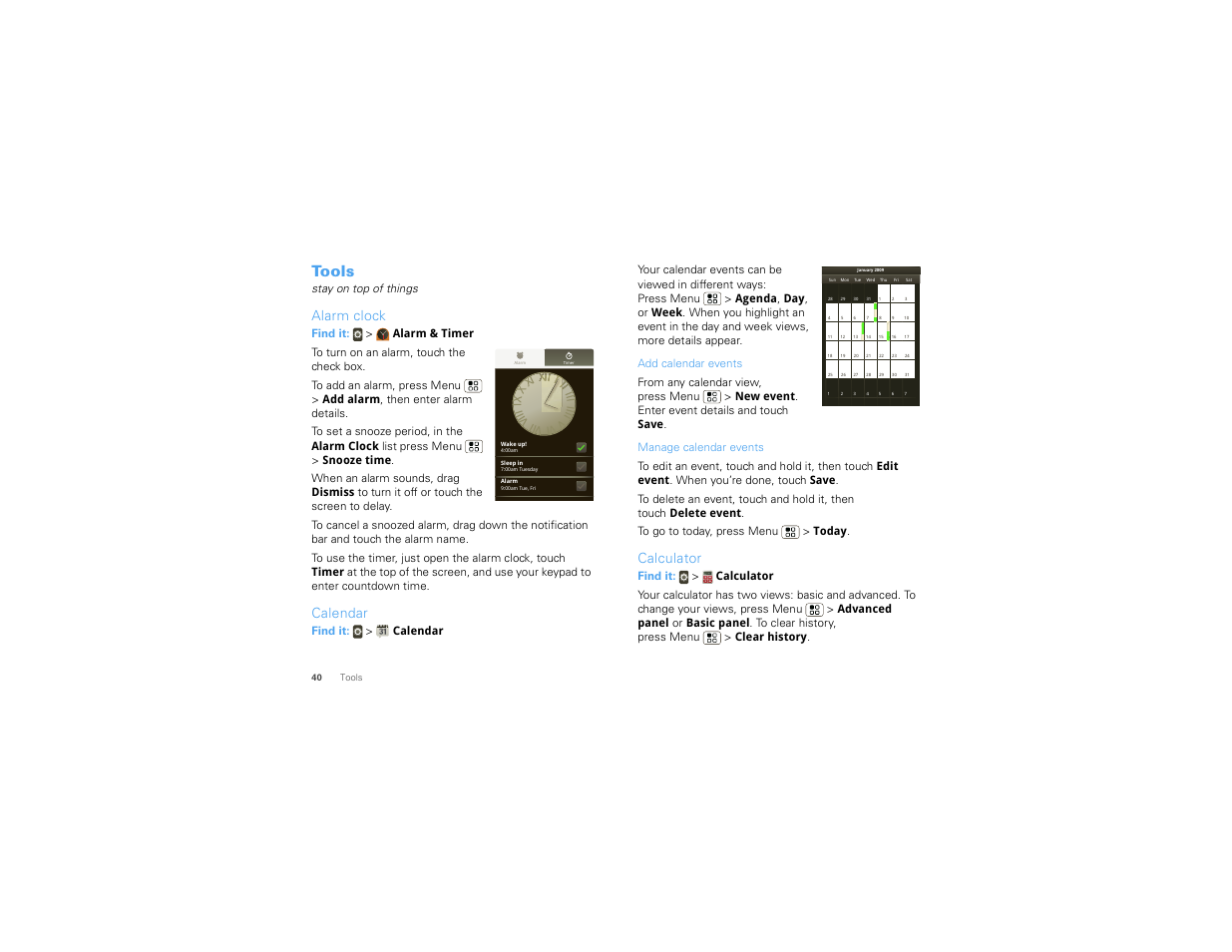 Tools, Alarm clock, Calendar | Calculator | Motorola CHARM MB502 User Manual | Page 42 / 62
