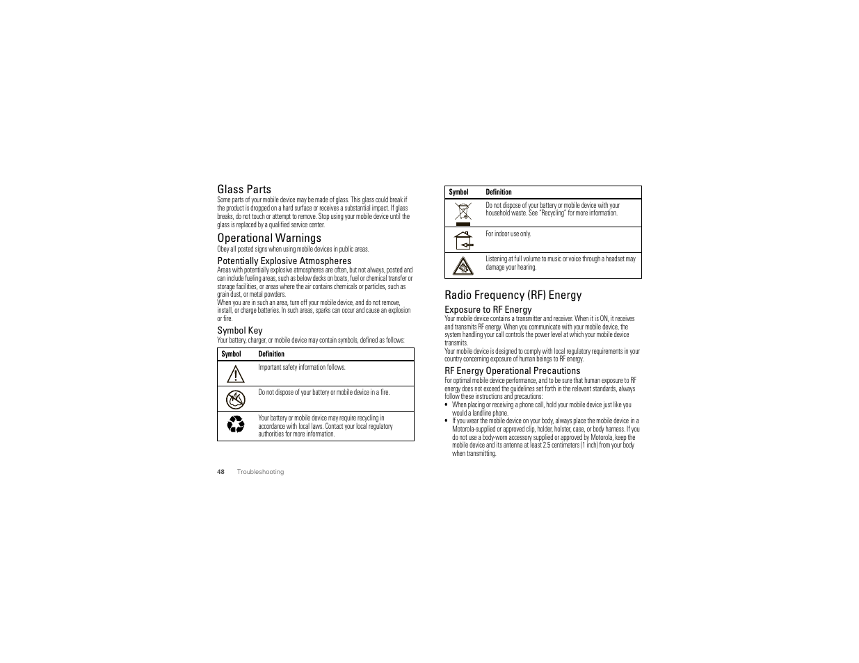 Glass parts, Operational warnings, Radio frequency (rf) energy | Motorola CHARM MB502 User Manual | Page 50 / 62