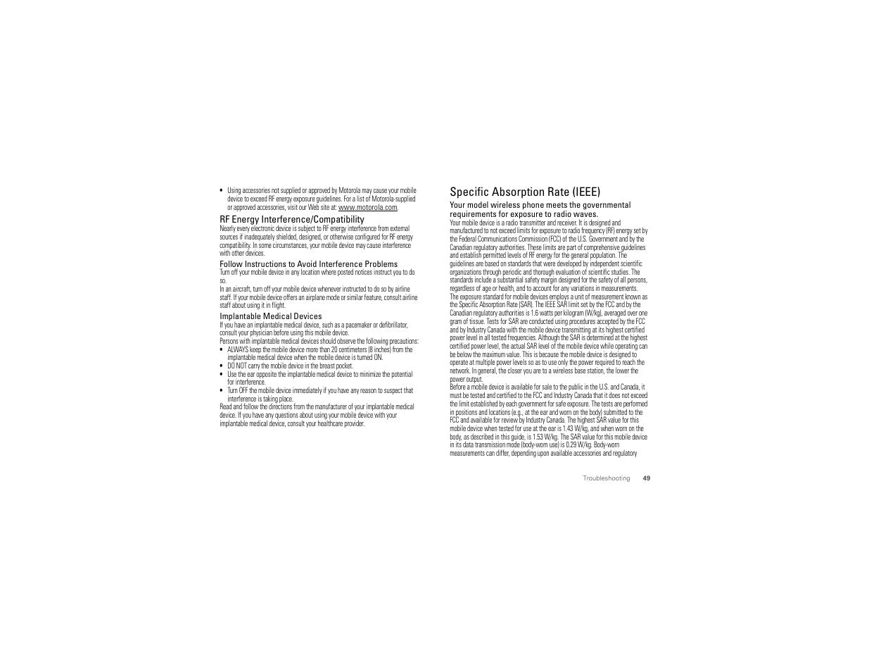 Sar (ieee), Specific absorption rate (ieee) | Motorola CHARM MB502 User Manual | Page 51 / 62