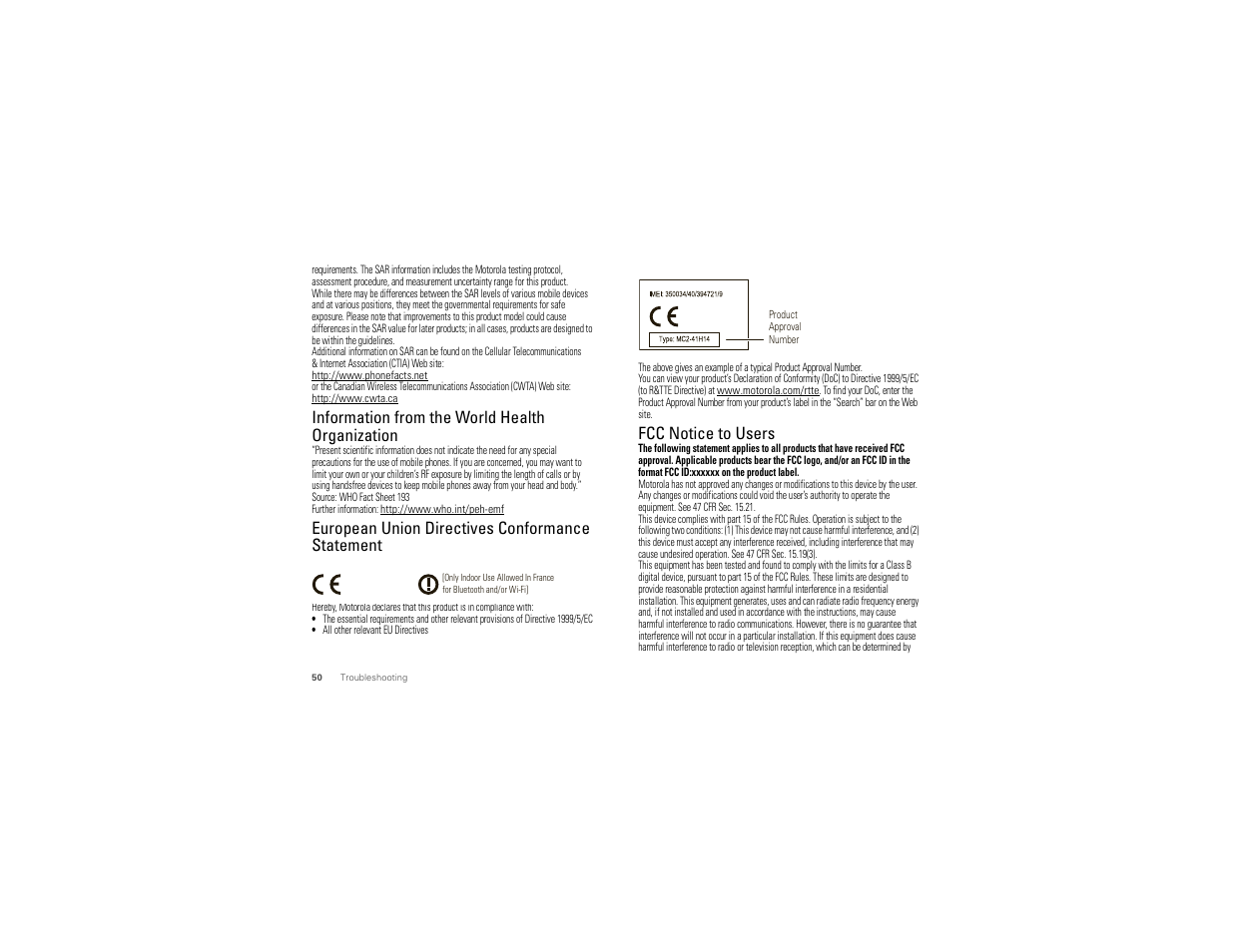 Who information, Eu conformance, Fcc notice | Information from the world health organization, European union directives conformance statement, Fcc notice to users | Motorola CHARM MB502 User Manual | Page 52 / 62