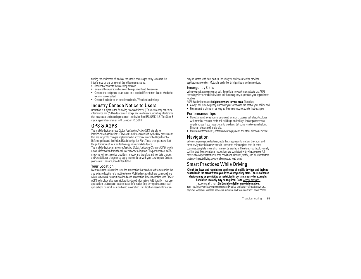 Industry canada notice, Gps & agps, Navigation | Driving safety, Industry canada notice to users, Smart practices while driving | Motorola CHARM MB502 User Manual | Page 53 / 62