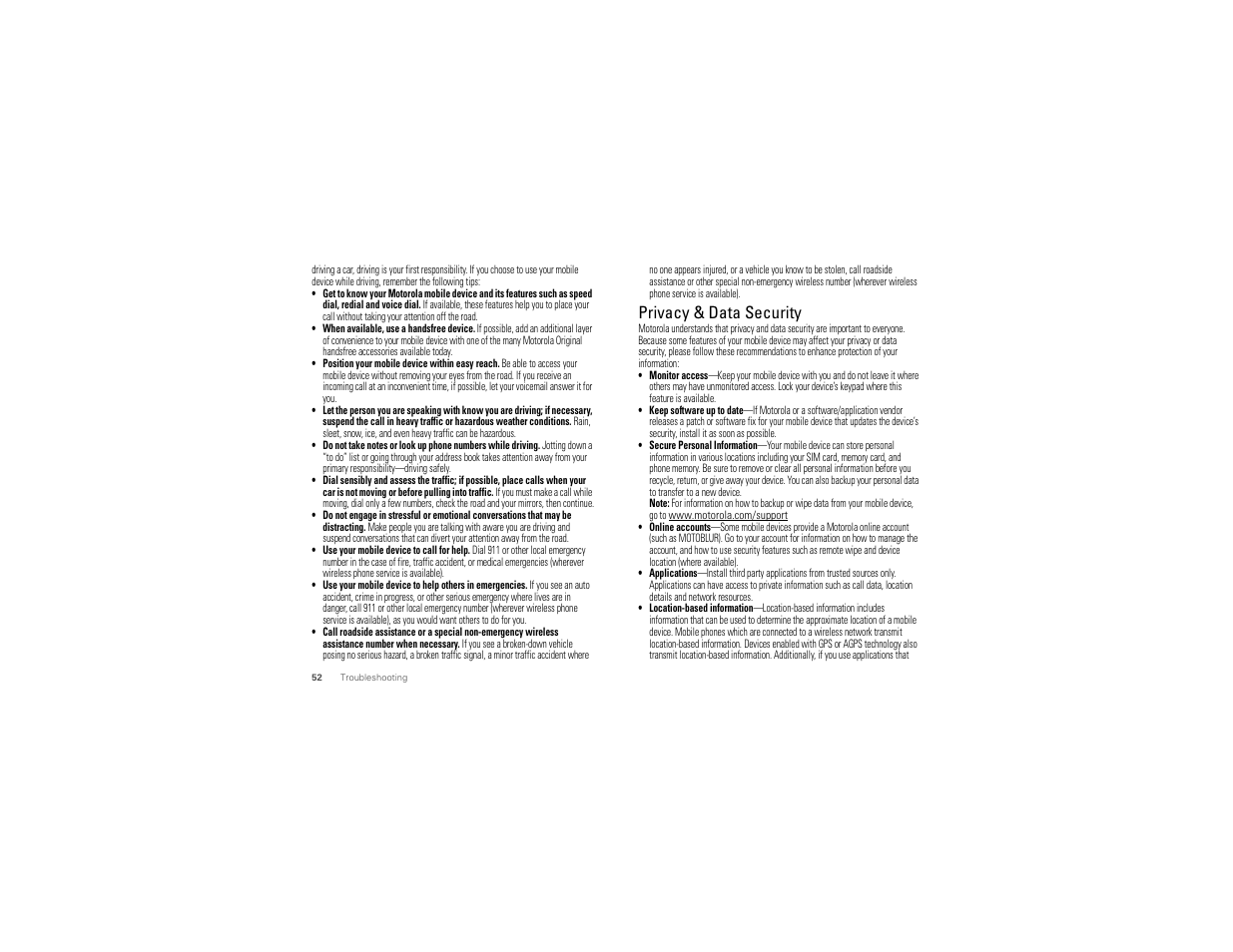 Privacy & data security | Motorola CHARM MB502 User Manual | Page 54 / 62