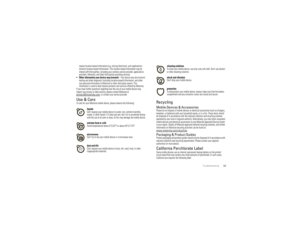 Use & care, Recycling, Perchlorate label | California perchlorate label | Motorola CHARM MB502 User Manual | Page 55 / 62