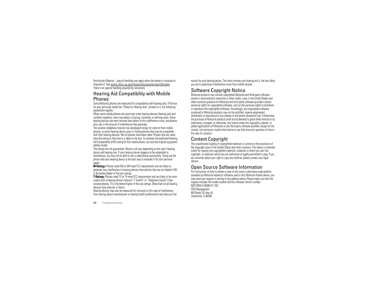 Hearing aid compatibility, Software copyright notice, Content copyright | Oss information, Hearing aid compatibility with mobile phones, Open source software information | Motorola CHARM MB502 User Manual | Page 56 / 62