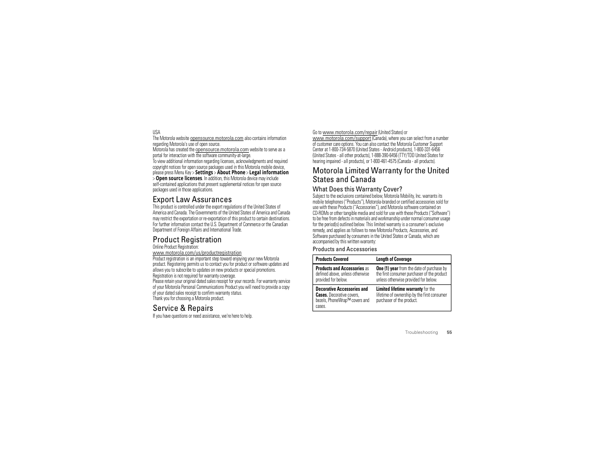 Export law, Registration, Warranty | Export law assurances, Product registration, Service & repairs | Motorola CHARM MB502 User Manual | Page 57 / 62