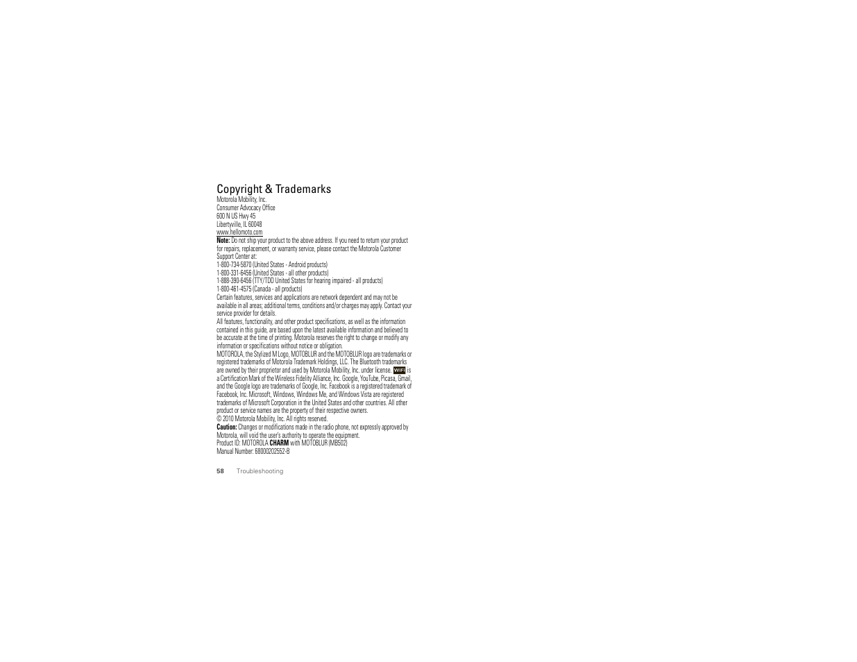 Copyright & trademarks | Motorola CHARM MB502 User Manual | Page 60 / 62