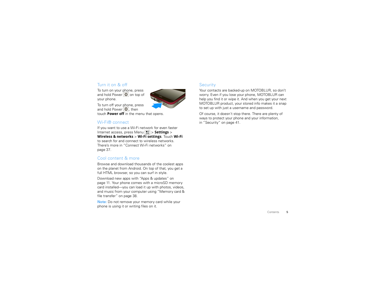Turn it on & off, Wi-fi® connect, Cool content & more | Security | Motorola CHARM MB502 User Manual | Page 7 / 62
