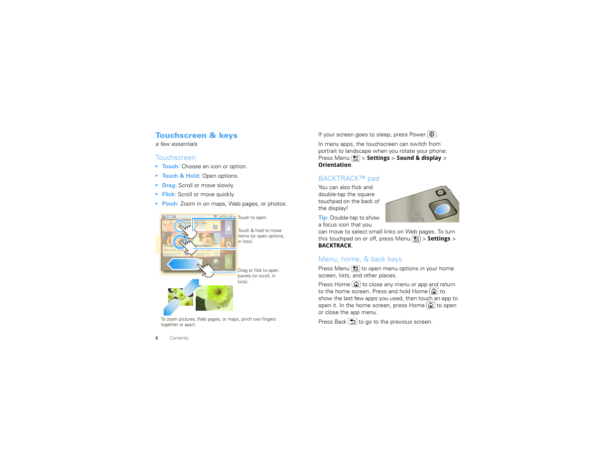 Touchscreen & keys, Touchscreen, Backtrack™ pad | Menu, home, & back keys | Motorola CHARM MB502 User Manual | Page 8 / 62