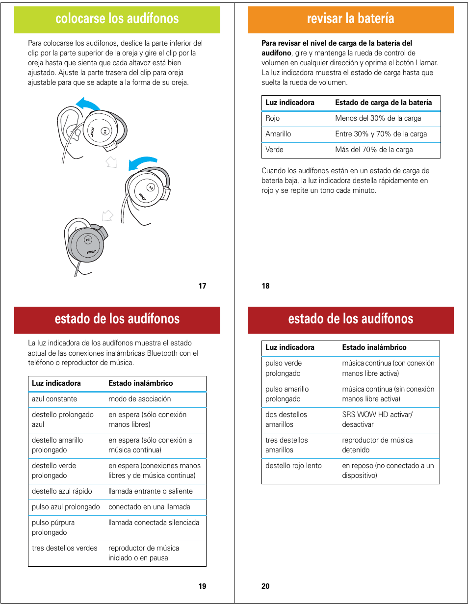 Colocarse los audífonos, Revisar la batería, Estado de los audífonos | Motorola MOTOROKR S7-HD User Manual | Page 11 / 13