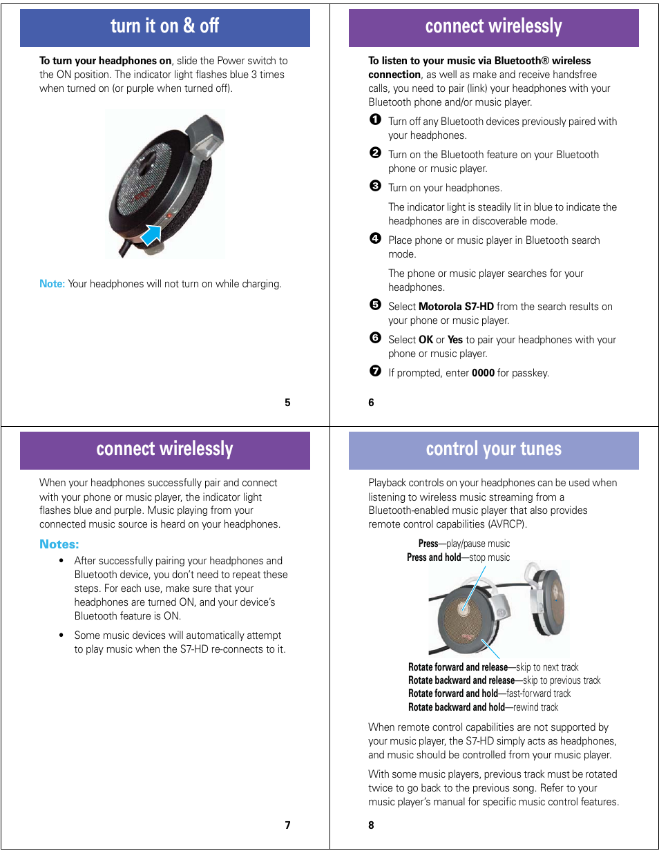 Turn it on & off, Connect wirelessly, Control your tunes | Motorola MOTOROKR S7-HD User Manual | Page 2 / 13