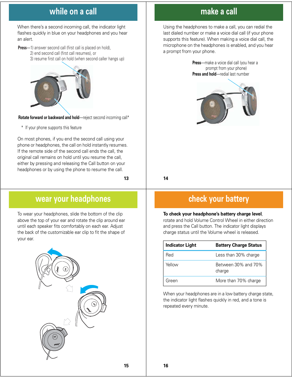 While on a call, Make a call, Wear your headphones | Check your battery | Motorola MOTOROKR S7-HD User Manual | Page 4 / 13