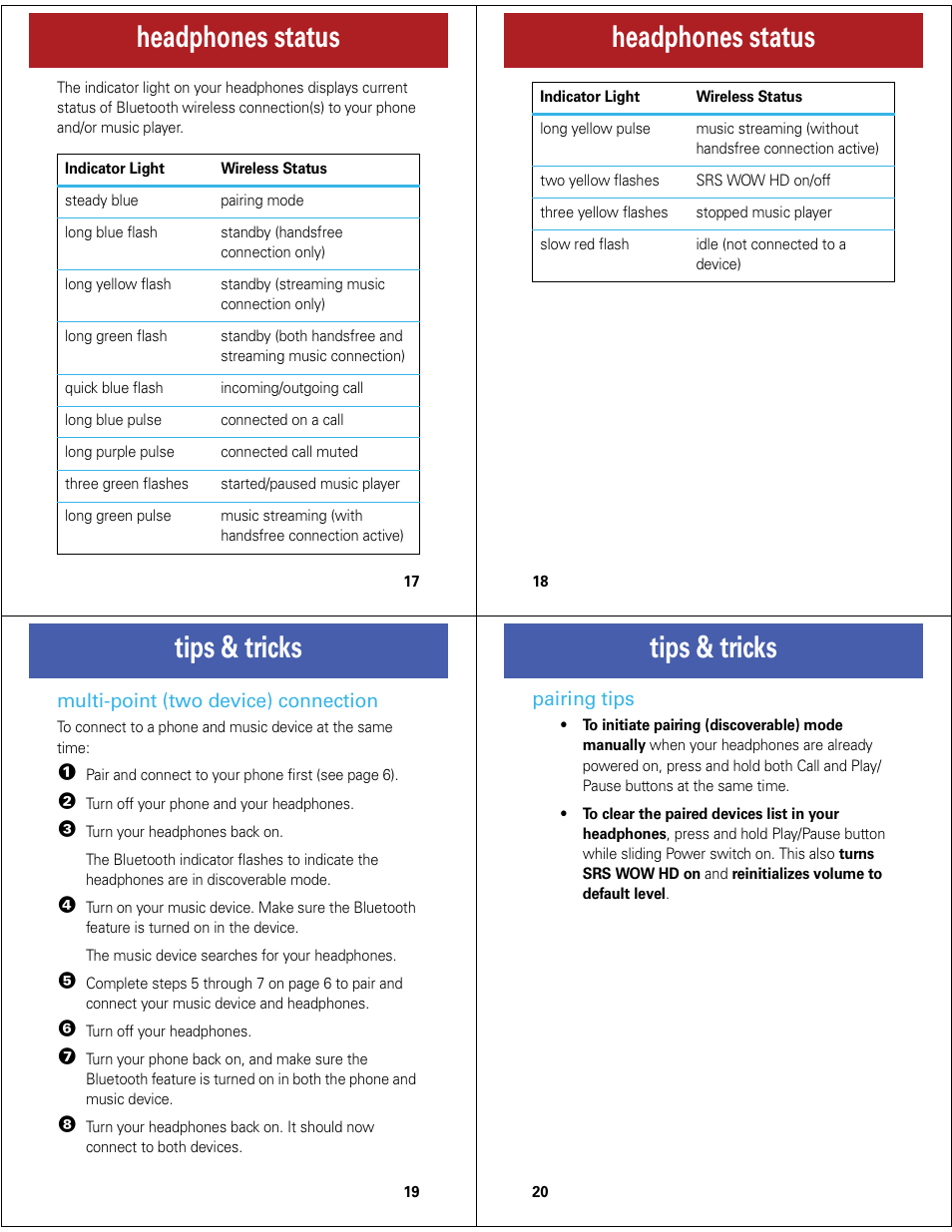 Headphones status, Tips & tricks | Motorola MOTOROKR S7-HD User Manual | Page 5 / 13