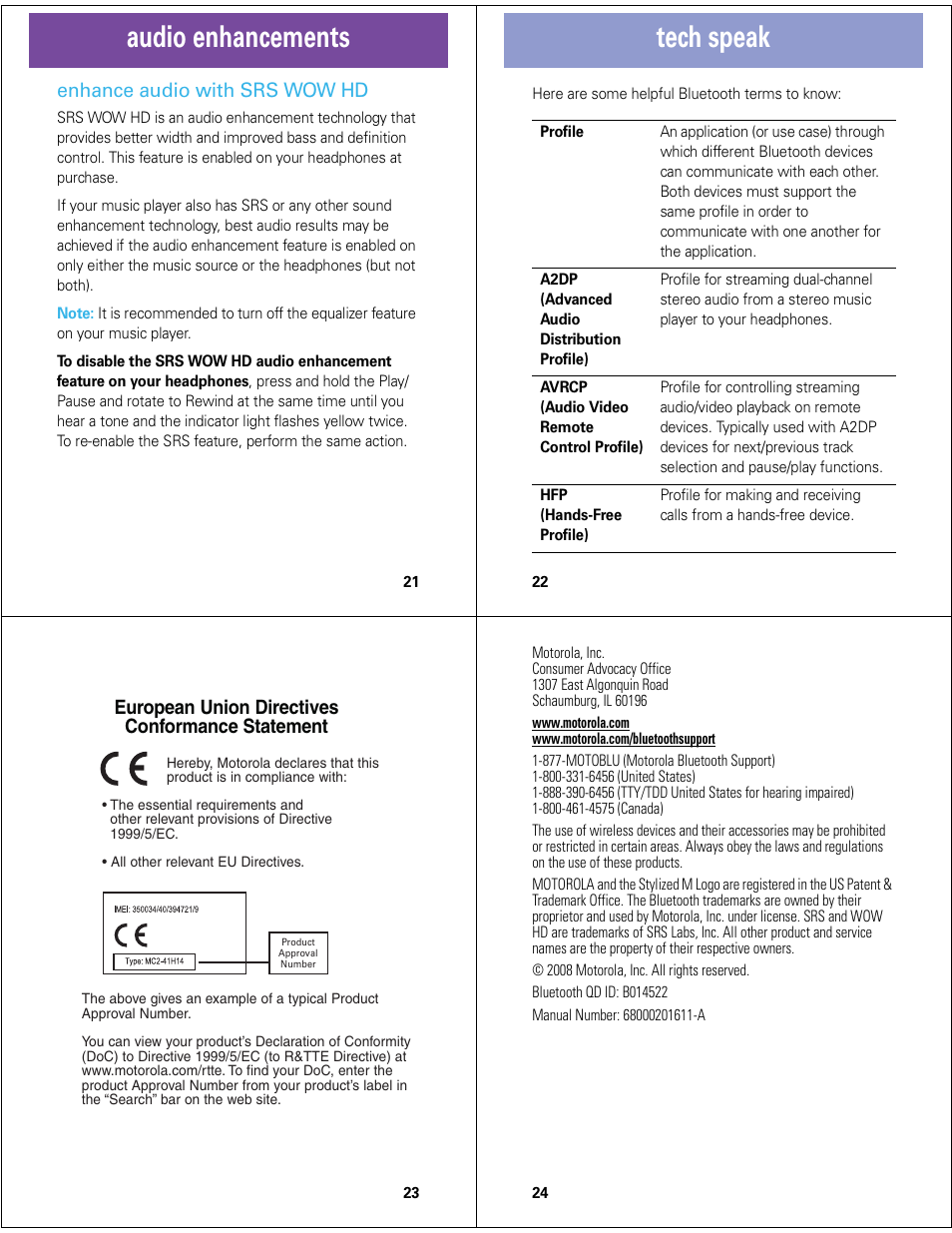 Audio enhancements, Tech speak, Enhance audio with srs wow hd | European union directives conformance statement | Motorola MOTOROKR S7-HD User Manual | Page 6 / 13