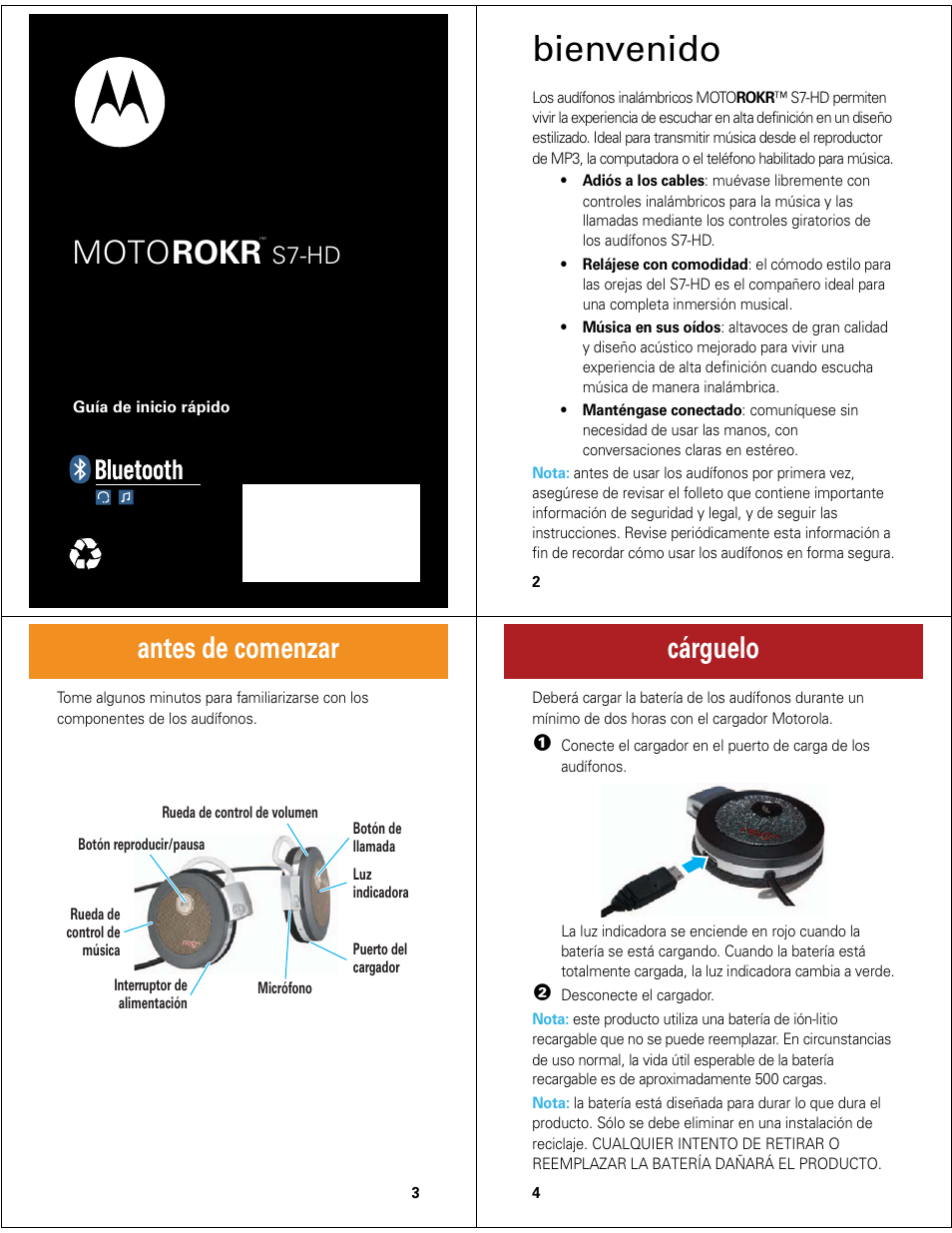 Bienvenido, Moto rokr, Antes de comenzar | Cárguelo, S7-hd | Motorola MOTOROKR S7-HD User Manual | Page 7 / 13